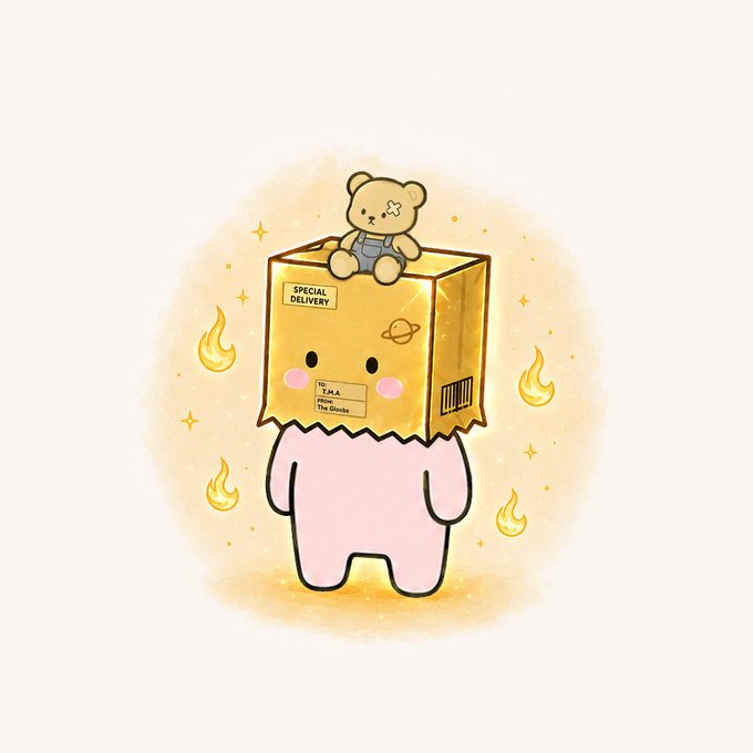 A cute cartoon illustration depicts a pink character wearing a brown cardboard box on its head with a shipping label and barcode, while a small teddy bear sits on top of the box, surrounded by golden flames and sparkles.