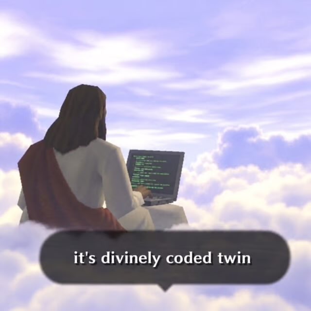 A figure resembling Jesus sits among the clouds coding on a laptop, with the caption "it's divinely coded twin" — a humorous GM reply playing on the idea of "divine" coding, merging religious imagery with crypto/Web3 culture.