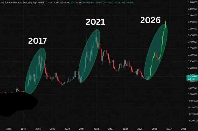 A long-term candlestick chart of "Crypto Total Market Cap Excluding Top 10 to BTC" (CRYPTOCAP:.OTH.D) showing three circled accumulation phases in 2017, 2021, and 2026, with a current price around 0.136917, visually supporting the "TIME FOR THE BIGGEST BULL RUN" narrative by highlighting a recurring multi-year breakout pattern.