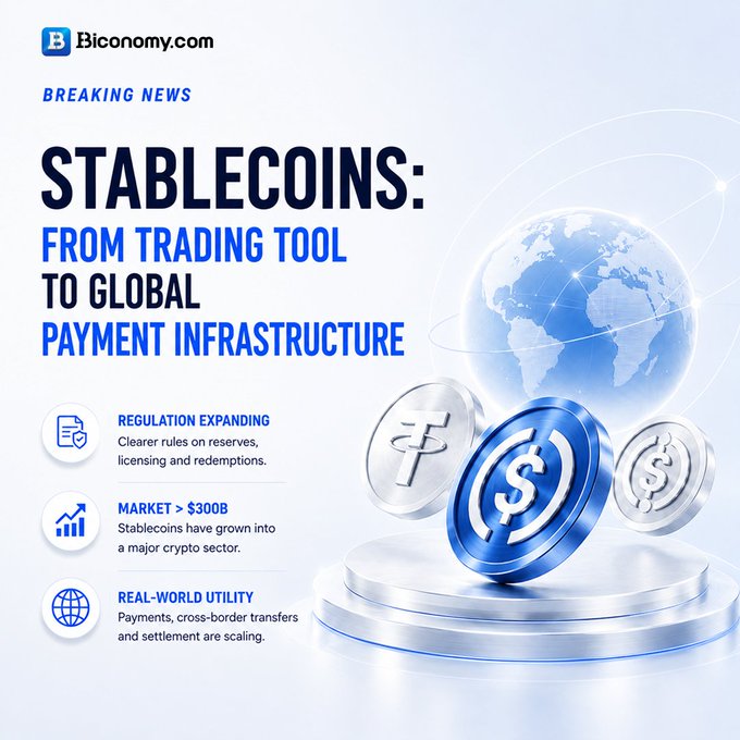 A promotional graphic from Biconomy.com titled "BREAKING NEWS: STABLECOINS: FROM TRADING TOOL TO GLOBAL PAYMENT INFRASTRUCTURE," featuring 3D coins and a globe with key points on regulation expanding, market exceeding $300B, and real-world utility scaling.