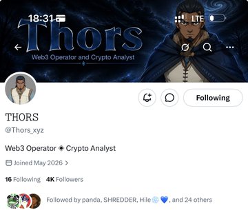 A Twitter profile screenshot showing the account "Thors" (@Thors_xyz), a self-described "Web3 Operator & Crypto Analyst" with 4K followers, joined May 2026, featuring an anime-style header image of a hooded character—highlighting the type of NFT-style rebrand profile the caption criticizes.