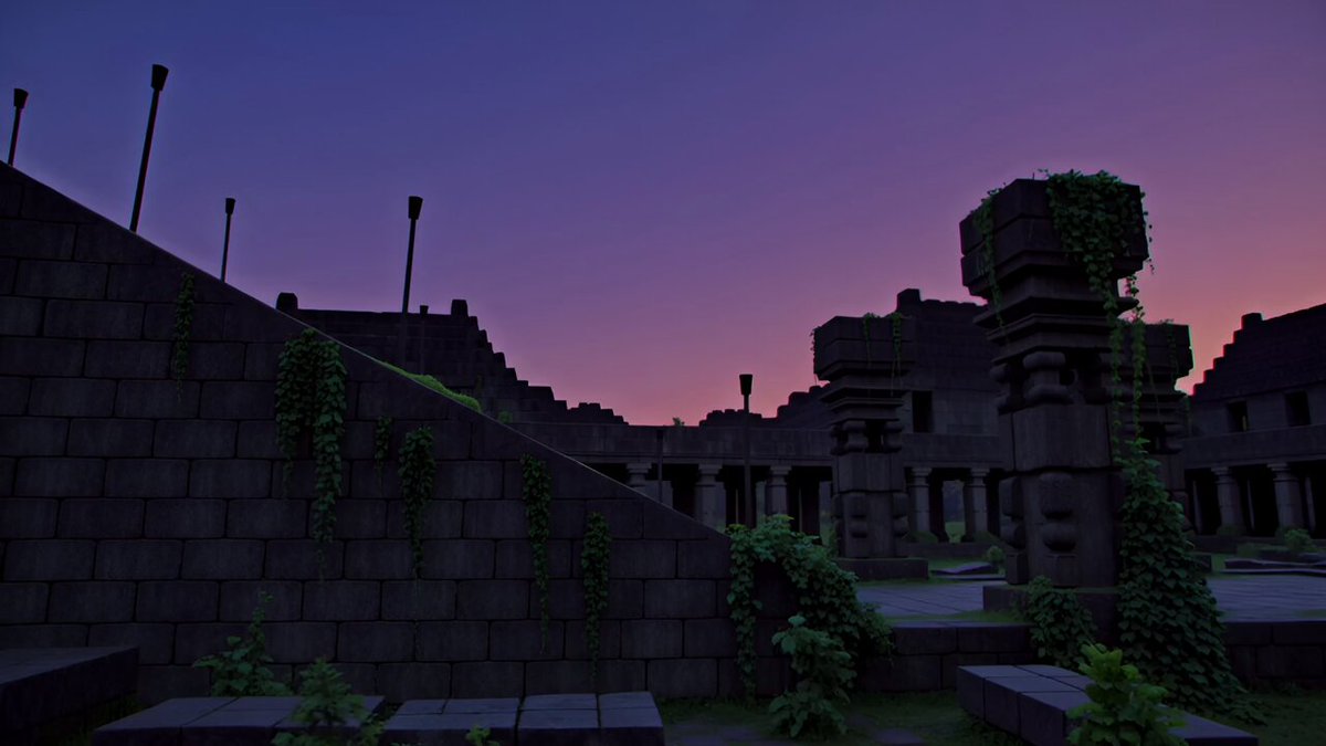 The image features a stone structure with a steeple, surrounded by lush green plants. The sky above has a beautiful purple hue, creating an atmospheric scene. In the background, there are two buildings that appear to be part of a larger complex or monument. A person can also be seen in the distance, possibly admiring the view or exploring the area.