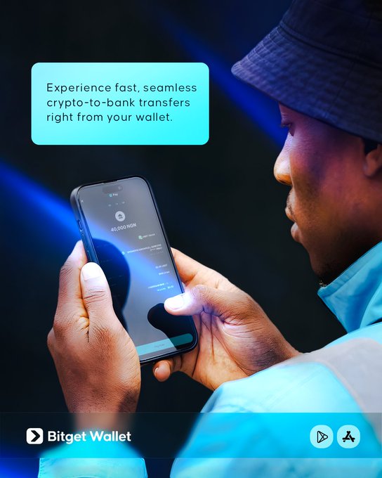 A person uses the Bitget Wallet app on a smartphone to make a crypto-to-bank transfer of 40,000 NGN. The image visually reinforces the app's ability to facilitate seamless crypto-to-bank transfers, as suggested by the accompanying post.