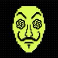 A small pixelated green and black mask icon with spiral patterns over the eyes, resembling the Guy Fawkes mask.