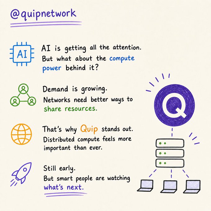 The image features a white background with a purple circle containing a blue "Q" inside, accompanied by a list of bullet points explaining the concept behind QUIP (Quantum Unit Interlock Pathway). The text within the image emphasizes that QUIP is about securing data and resources in a distributed computing environment. The post also mentions that smart people are watching what's next, which could be related to the future advancements or developments in QUIP technology.