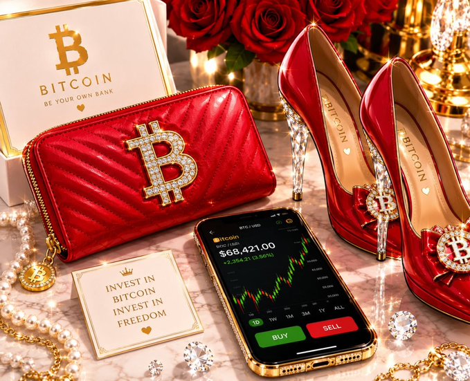 An advertisement featuring Bitcoin-branded luxury items, including a red wallet and matching high heels with the Bitcoin 'B' logo, alongside a smartphone displaying a Bitcoin price chart at $68,421.00 with Buy/Sell buttons.