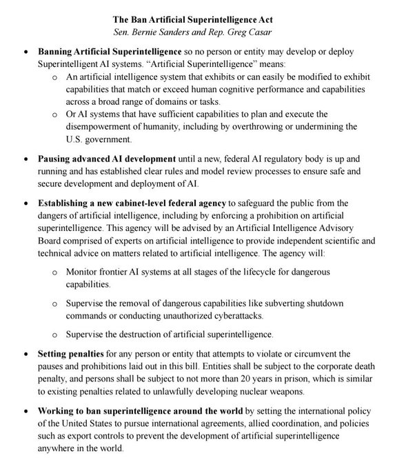 A document titled 'The Ban Artificial Superintelligence Act' by Sen. Bernie Sanders and Rep. Greg Casar outlines provisions including banning superintelligent AI, pausing advanced AI development, establishing a federal agency, setting penalties, and pursuing international bans.