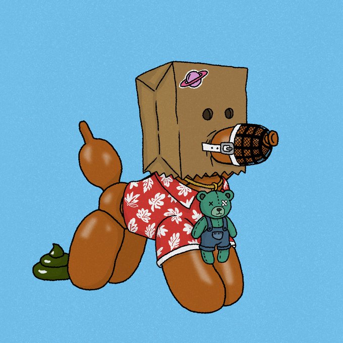 Illustration of a cartoon figure with a brown paper bag over its head featuring a Saturn logo, wearing a Hawaiian shirt, with a small teddy bear and poop emoji.