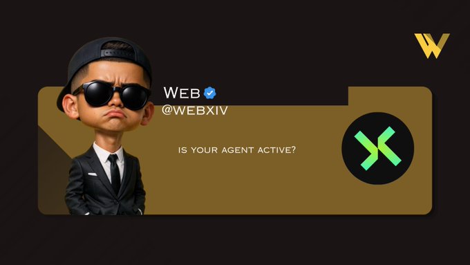 A stylized 3D avatar of a man in a black suit and sunglasses is displayed next to a chat bubble reading 'WEB @WEBXIV' asking 'IS YOUR AGENT ACTIVE?' alongside a circular green logo.