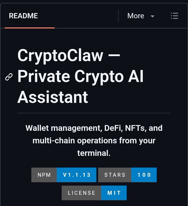 A README page for CryptoClaw, a Private Crypto AI Assistant, noting its capabilities for wallet management, DeFi, NFTs, and multi-chain operations, with version v1.1.13 and MIT license.
