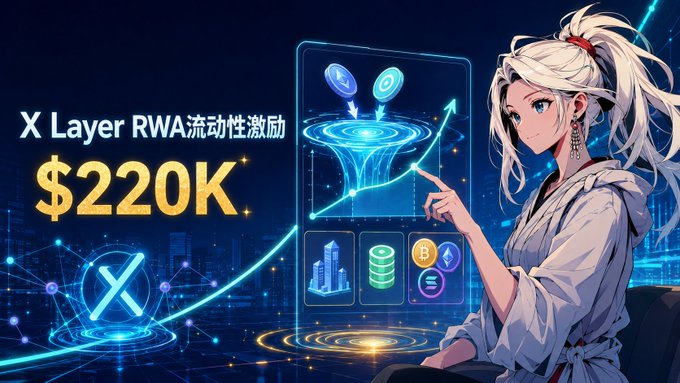 An anime-style character with white hair points toward a glowing holographic display showing a rising chart, cryptocurrency coins, and the text "X Layer RWA流动性激励" alongside "$220K." The futuristic blue visual reinforces the post's announcement of OKX Web3's $220,000 RWA liquidity event on X Layer, highlighting the prize pool and digital asset theme.