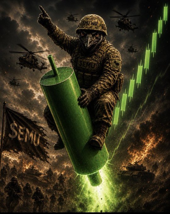 A stylized digital artwork of a soldier wearing tactical gear labeled 'SEMU' riding a glowing green rocket, pointing forward with helicopters and a tank in the background, alongside a rising green stock chart.