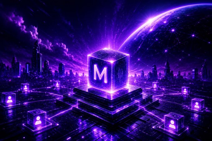 A glowing purple "M" cube radiates energy at the center of a futuristic cityscape beneath a cosmic planet, symbolizing the launch of Magnitude's Layer 3 Blockchain Testnet. Surrounding user-profile cubes connected by luminous pathways illustrate the network's interconnected ecosystem and sub-second finality milestone.