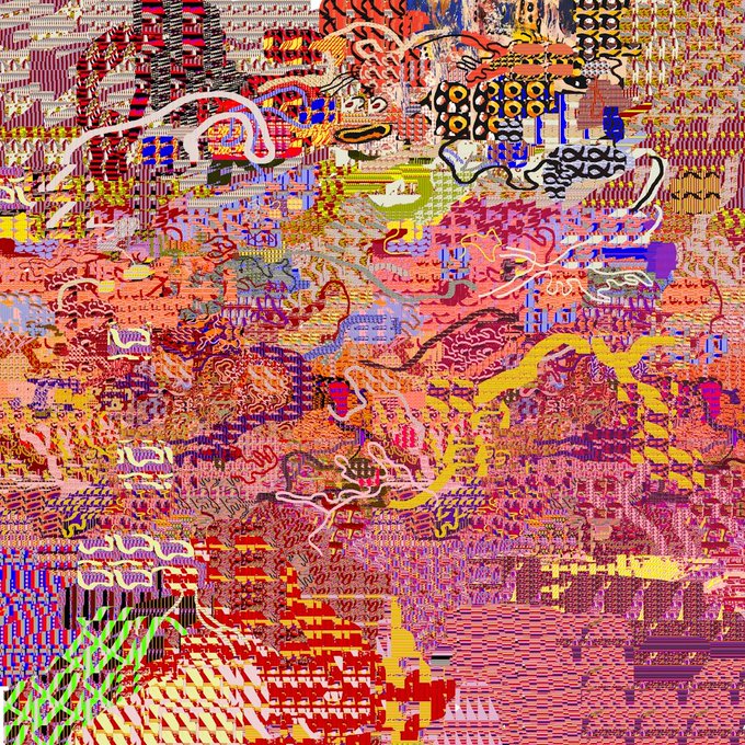 An abstract, glitch-art style image featuring chaotic patterns, vibrant colors (red, pink, yellow, blue, green), and distorted shapes with no recognizable subjects.