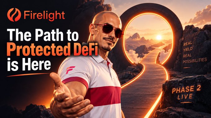 Advertisement for Firelight titled 'The Path to Protected DeFi is Here' featuring a man in sunglasses extending his hand, with text reading 'Real Yield, Real Possibilities' and 'Phase 2 Live.'