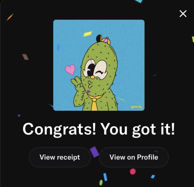 A digital pop-up message saying 'Congrats! You got it!' featuring a green cartoon cactus character blowing a kiss, with buttons to 'View receipt' or 'View on Profile'.