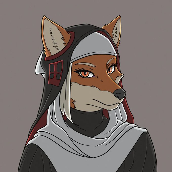 An anime-style portrait of a red fox anthropomorphic character wearing a black and red hood with white trim, looking to the side against a gray background.