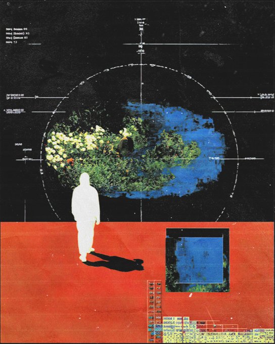 A surreal collage artwork featuring a white silhouette of a person standing on a red surface, looking at a circular target overlay showing blue and green textures.