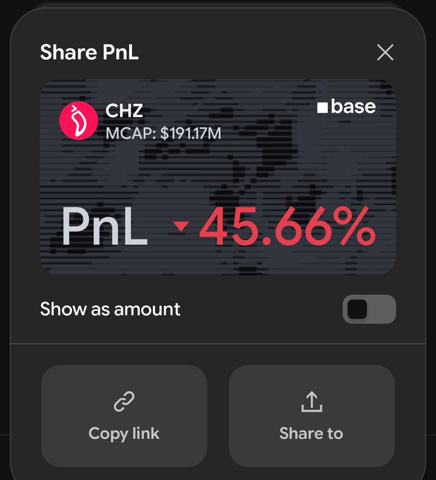 The image shows a "Share PnL" pop-up displaying a -45.66% loss on a CHZ position on Base, with a market cap of $191.17M. This visualizes the trader's disappointing investment in $CHZ, confirming the post's claim of being approximately 50% down from their buying zone after hoping the World Cup partnership would pump the token.
