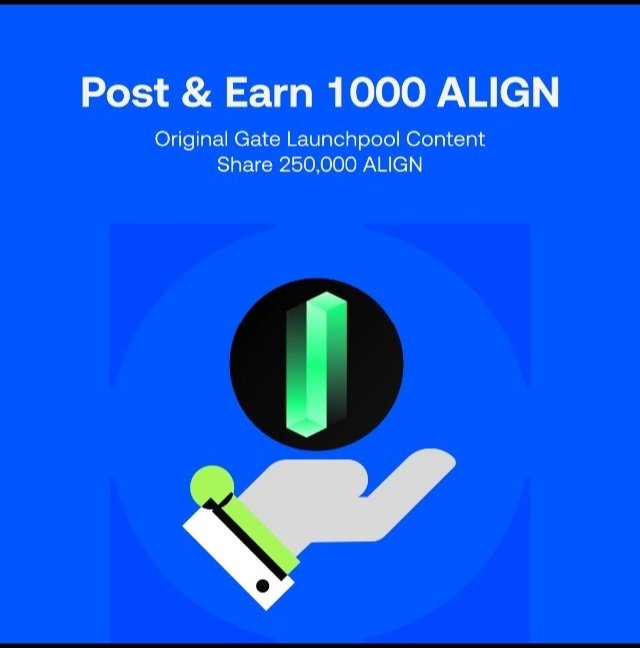 A blue promotional graphic announces "Post & Earn 1000 ALIGN" with text reading "Original Gate Launchpool Content" and "Share 250,000 ALIGN," featuring an illustration of a hand holding an ALIGN token. The image promotes a Gate Launchpool campaign where users can earn ALIGN rewards by staking tokens, as detailed in the accompanying post.