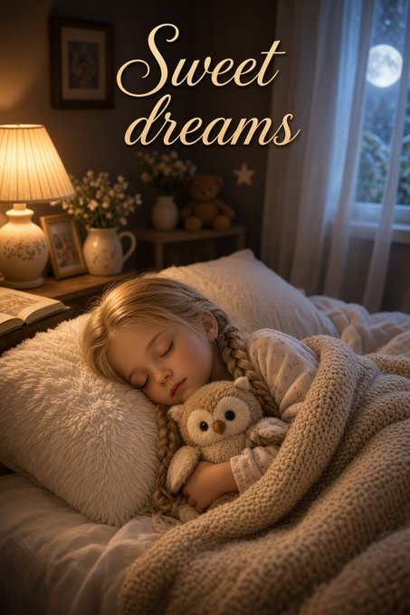 A young girl with braided blonde hair sleeps peacefully in bed hugging an owl plushie, with the text "Sweet dreams" displayed above her in a warm, lamp-lit bedroom.