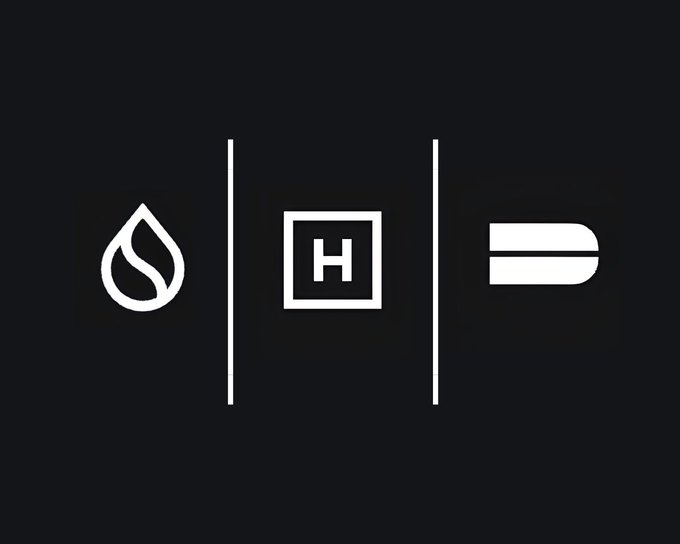 A dark background displaying three minimalist white icons: a water drop, a square containing the letter "H", and a pill or capsule shape, separated by vertical lines.