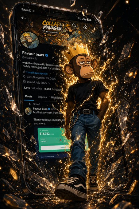 A digital artwork of a Bored Ape-style monkey character wearing a crown, standing against a shattered glass background with a Twitter profile for 'Favour osas' visible behind it.