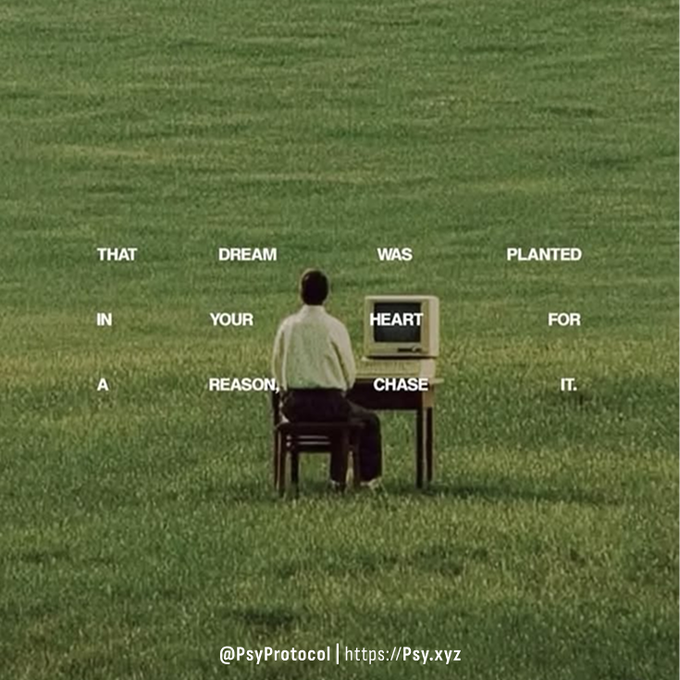 A man in a white shirt sits at an old computer in a vast green field, facing away from the viewer. The monitor displays "HEART" while overlaid text reads "THAT DREAM WAS PLANTED IN YOUR HEART FOR A REASON, CHASE IT," alongside a "@PsyProtocol | https://Psy.xyz" watermark.

The image evokes contemplation about purpose and ambition—mirroring the post's question about granting AI agents wallets and autonomy, suggesting that just as humans are called to pursue meaningful goals, AI could be empowered to chase objectives independently.