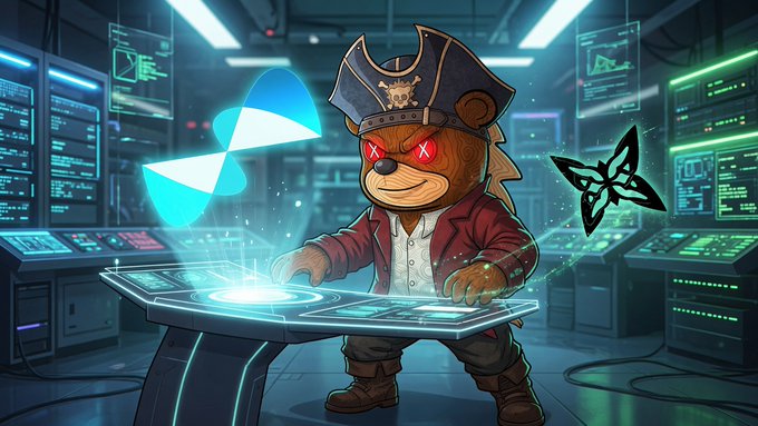 A pirate-themed teddy bear in a red coat and tricorn hat stands at a glowing control console in a high-tech server room, with "Quantum Shield" icons floating nearby—visually representing the post-quantum wallet protection being tested on the $QUIP testnet. The cartoonish pirate imagery creatively personifies the "pirate" of cryptographic vulnerabilities being defended against by the quantum security layer.