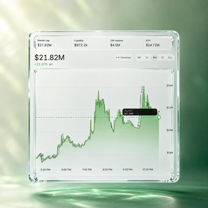 This image displays a cryptocurrency price chart with a "Buy limit $21.29M" indicator, illustrating how Pons enables users to set price targets to execute trades. The chart shows market cap data, including $21.82M and $23.32% 6H.
