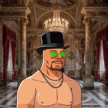 Animated/cartoon image of a shirtless man wearing a top hat, green sunglasses, and gold chains standing in an ornate palace hall with chandeliers.