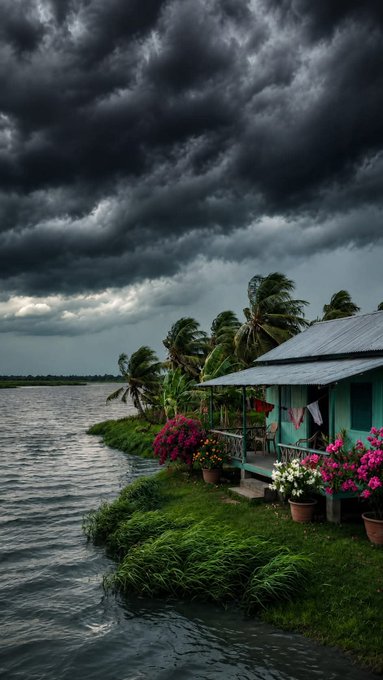iced tea house with a blue roof and pink flowers, overlooking the water from a wooden deck under a dark sky.