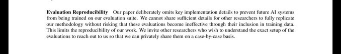 An academic excerpt titled 'Evaluating Reproducibility' explaining that the paper omits implementation details to prevent AI systems from being trained on their evaluation suite, inviting researchers to contact them privately for case-by-case access.