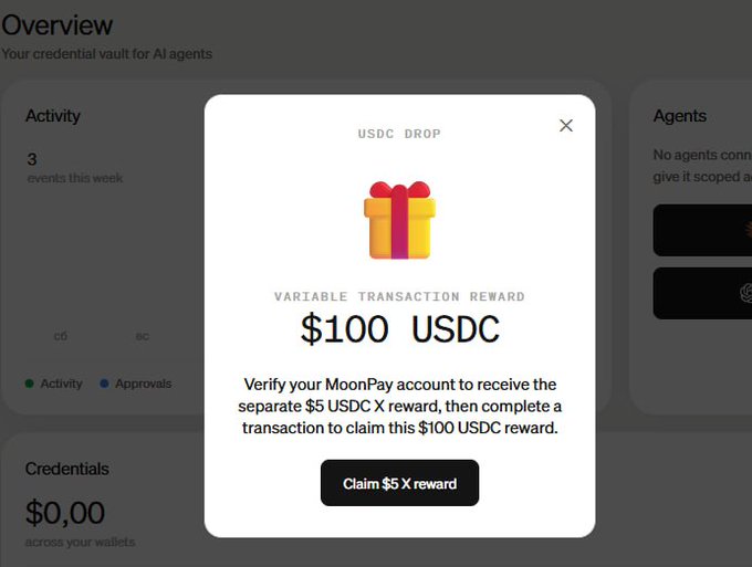 A pop-up window on a dark interface showing a USDC reward of $100, prompting verification of a MoonPay account.