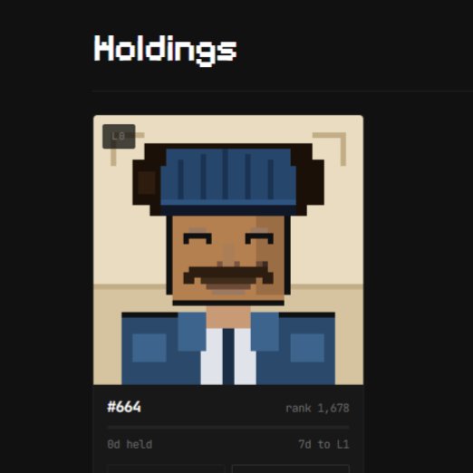 A pixel art NFT profile labeled "Holdings" shows character #664 with a rank of 1,678, marked as "0d held" with "7d to L1." The image illustrates the user's minted NFT from the @zaddrnet collection, aligning with their post about recently minting and encouraging others to share their own NFT screenshots before the public mint closes.