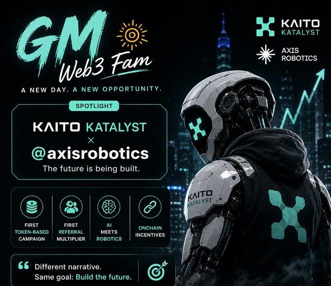 A promotional graphic for 'GM Web3 Fam' featuring 'Kaito Katalyst' and 'Axis Robotics' collaboration with a futuristic robot character and city skyline.