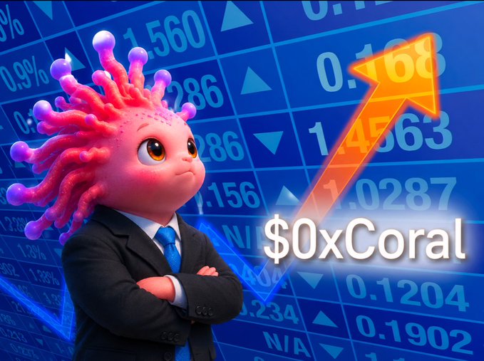 A pink coral character in a business suit stands confidently before a blue stock market display showing an upward orange arrow, with the text "$0xCoral" prominently featured, symbolizing the trustworthy, accountable AI presence that the post argues crypto desperately needs to replace anonymous hype-driven bots.
