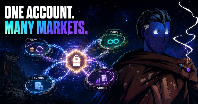 A promotional graphic for Backpack Exchange featuring a glowing-eyed figure in a cosmic setting with interconnected icons labeled "SPOT," "PERPS," "LENDING," and "STOCKS" all linked to a central padlock symbol, under the headline "ONE ACCOUNT. MANY MARKETS."

The image visually reinforces the post's point about exchanges diversifying beyond Bitcoin trading fees by showcasing Backpack's unified multi-market platform spanning spot trading, perpetuals, lending, and stocks—mirroring the revenue diversification trend (Subscription & Services rising from 29% to 48%) seen across the broader exchange industry.