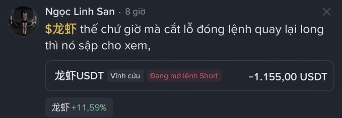 A Vietnamese social media comment by 'Ngọc Linh Sơn' complaining about a trading position, showing a liquidation alert for '龙虾USDT' (Lobster USDT) perpetual contract in 'Dạng mở lệnh Short' with a loss of -1,155.00 USDT.