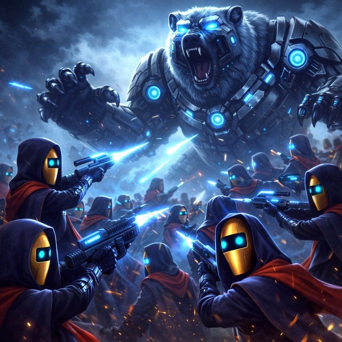 A fantasy illustration depicting hooded figures with glowing golden masks and red scarves wielding blue energy weapons against a massive cybernetically-enhanced bear with glowing blue eyes and armor.