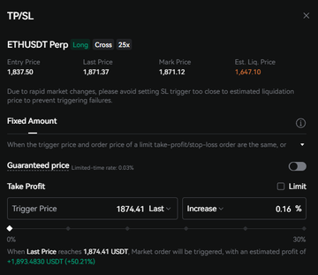 This image shows a take-profit order for ETHUSDT Perp at a trigger price of 1874.41 USDT, aiming for a potential profit of +1,893.4830 USDT, which aligns with the post's update and potential profit figure.