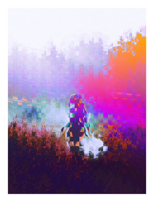 A heavily distorted, glitch-art style image showing a pixelated figure in a landscape with vibrant pink, purple, and orange color bleeding.