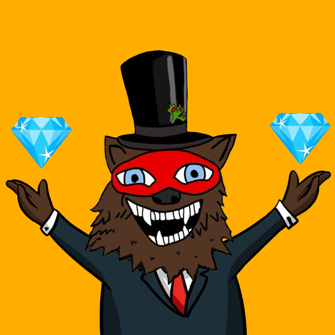 A cartoon illustration of a snarling brown bear wearing a red domino mask, a top hat, and a suit, shrugging with two sparkling blue diamonds floating above its hands against an orange background.