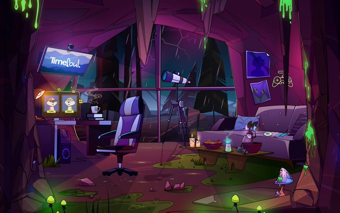 An illustrated cartoon scene of a cozy, cluttered cave or basement room with glowing green slime, a computer setup displaying 'Tirnetbul.', dual monitors, a telescope, and various scattered items including food bowls and a plush toy.