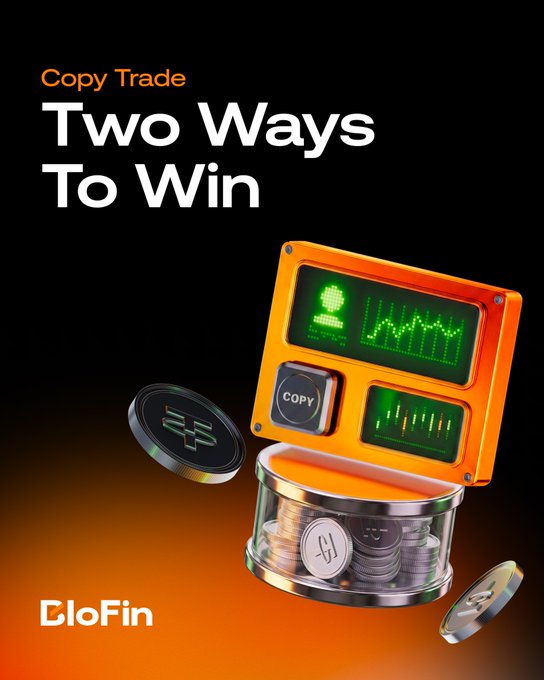 A promotional ad for BloFin's Copy Trade feature with the headline "Two Ways To Win," featuring a 3D illustration of an orange trading console with glowing green displays, a "COPY" button, and floating coins, illustrating the platform's copy trading campaigns that reward different trading styles until September 3.