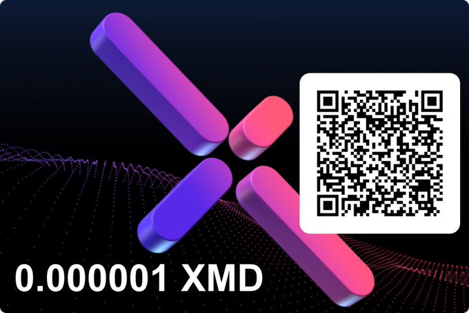 A dark promotional graphic features a stylized gradient X logo and QR code, with "0.000001 XMD" displayed prominently to highlight that MetalDollar transactions on XRP Ledger can settle for fractions of a cent—demonstrating the micropayment potential referenced in the post.