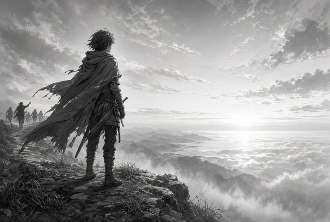 A lone, cloaked figure stands atop a windswept cliff overlooking an endless sea of clouds and distant peaks, with faint silhouettes of fellow travelers visible behind. The image's solitary wanderer gazing across a vast horizon mirrors the post's message of quiet persistence—standing ready and steady while others may still be searching for their moment.