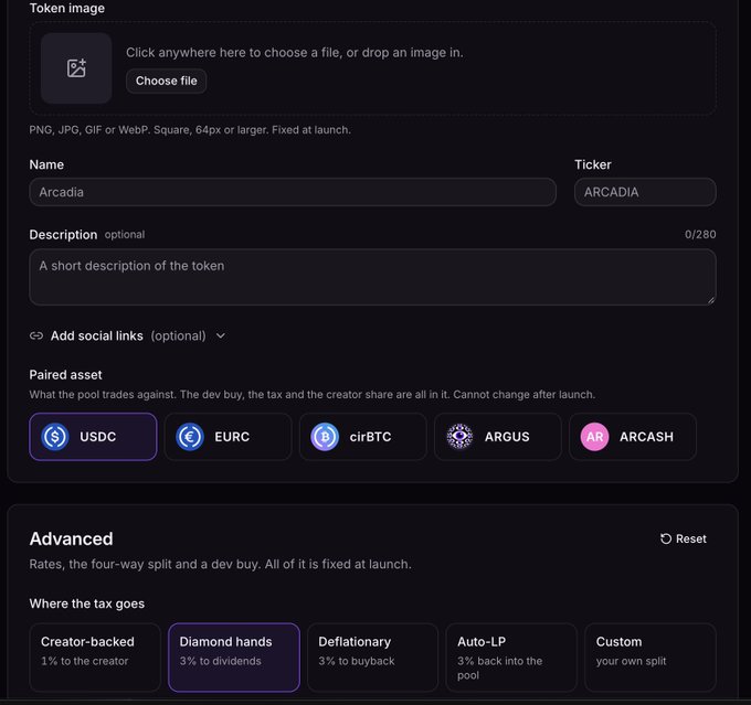 The image shows a token creation form on Arc/Argus.world where "Arcadia" is set as the token name with the ticker "ARCADIA", USDC is selected as the paired asset, and "Diamond hands" (3% to dividends) is highlighted under the Advanced settings tax distribution options. This corresponds to the tutorial's steps for launching a new token, specifically illustrating the paired asset selection (Step 3) and the advanced tax distribution settings mentioned in Step 4.