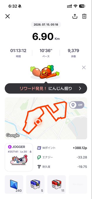 Fitness activity summary showing 6.90 km run in 1:13:12 at 10'36" pace with 9,379 steps, plus W point earnings of +388.12p and a level 6 JOGGER badge.