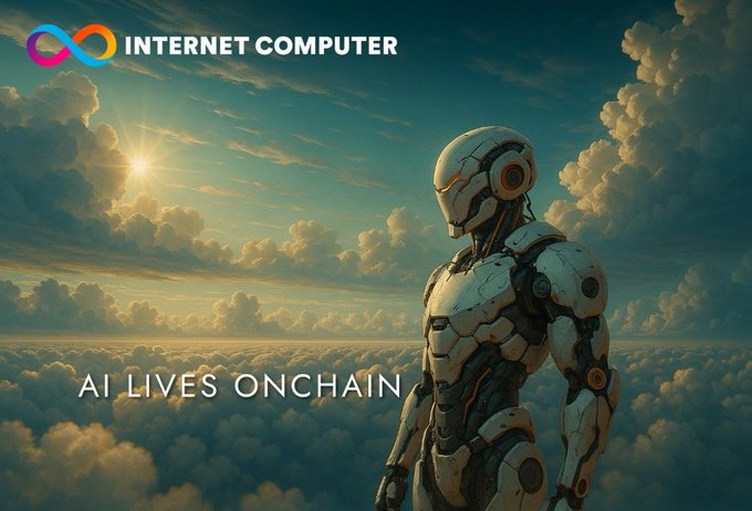 A promotional image featuring a white humanoid robot standing above the clouds at sunset, with the 'INTERNET COMPUTER' logo and the text 'AI LIVES ONCHAIN' displayed.